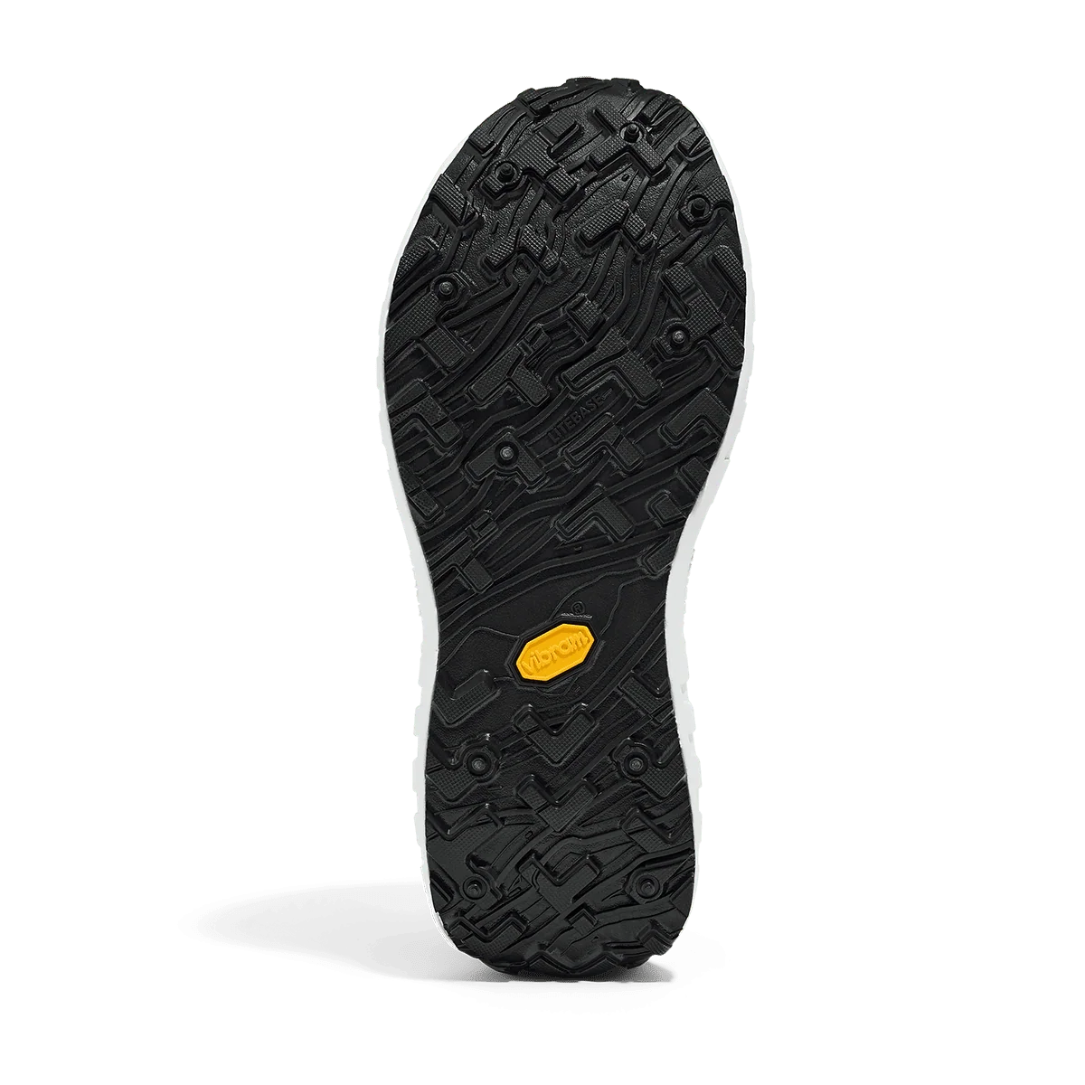 The black rubber outsole of a shoe, featuring a textured tread pattern and a small yellow Vibram logo near the heel, shown against a white background. - norda 001A Shoes (Women's) - Black