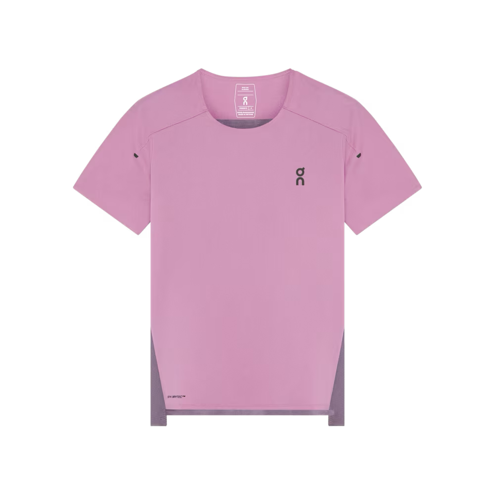 Pink athletic shirt with a logo on a white background - On Performance-T (Women's) - Dewberry/Sakura