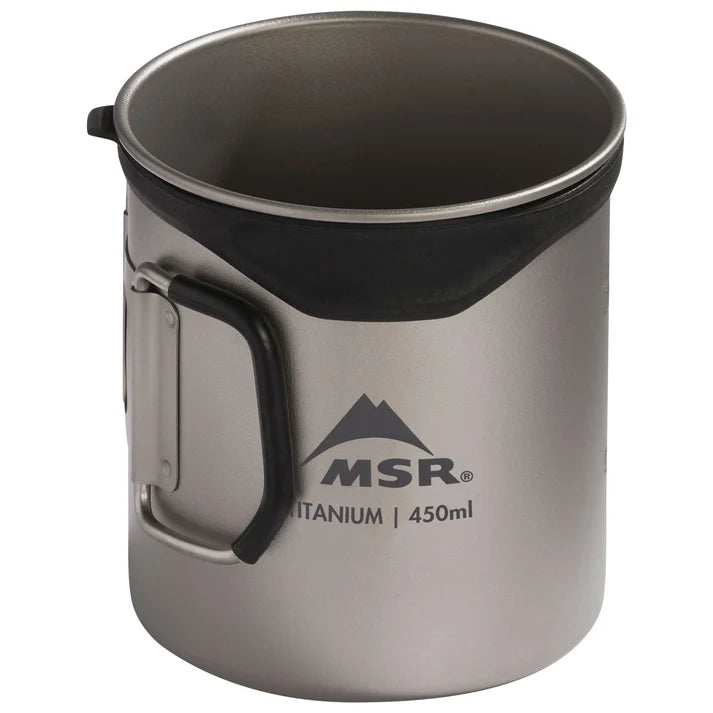 Titanium mug with handle and visible MSR logo on a white background - MSR Titan Cup