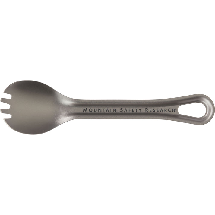 Metallic spork with 'Mountain Safety Research' branding on a white background - MSR Titan Spork