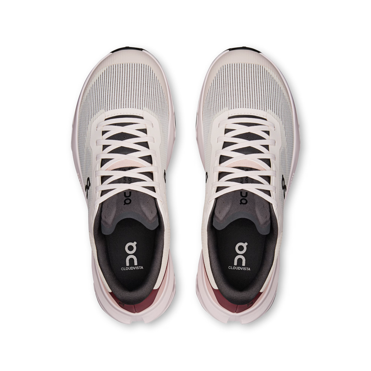 A pair of On Cloudrunning sneakers shown from a top-down view. The shoes feature a light gray and off-white mesh upper, white laces, a black collar, and a black insole with the On logo, with a subtle dusty rose accent at the heel. - On Cloudvista 3 Shoes (Women's) - Oyster/Barberry
