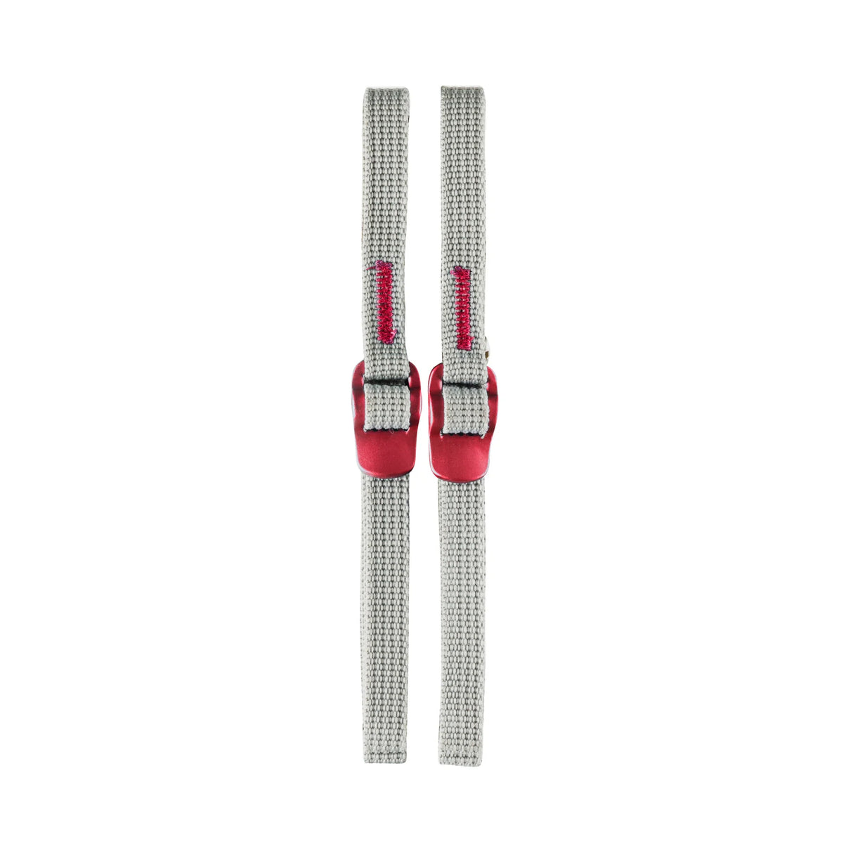 Two gray woven webbing straps with red plastic quick-release buckles, shown vertically on a plain white background. - Sea To Summit Alloy Buckle Accessory Straps - 10mm x 2.0m