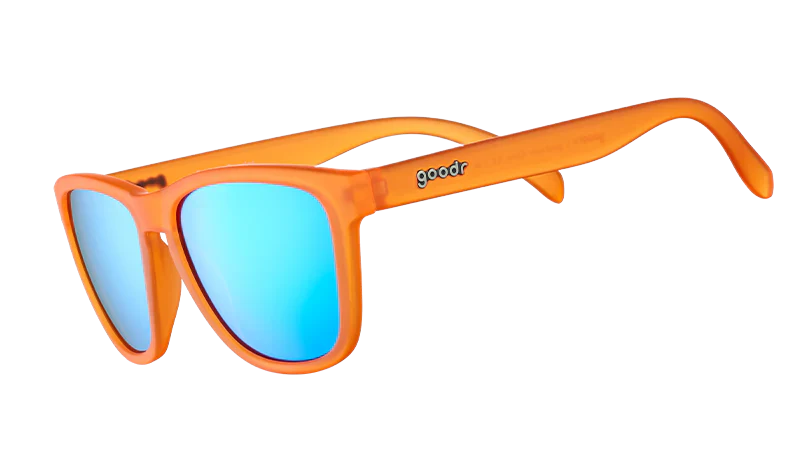 Goodr donkey goggles orange sunglasses with blue lenses on a white background