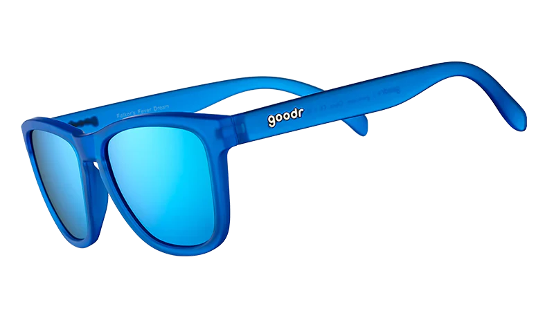 goodr FALKORS FEVER DREAM blue sunglasses with a brand logo on a white background