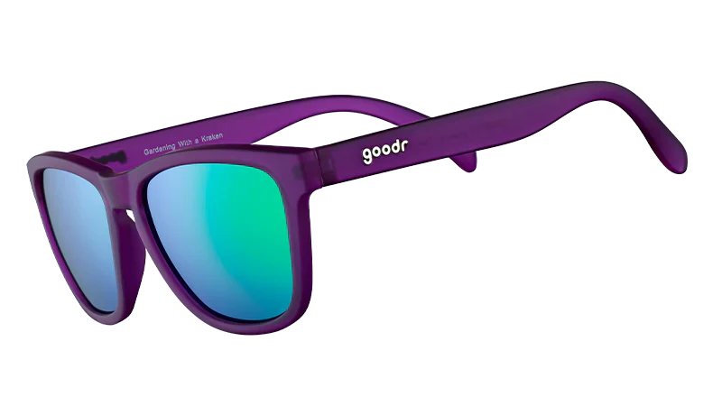 goodr GARDENING WITH A KRAKEN Purple sunglasses with blue lenses on a white background