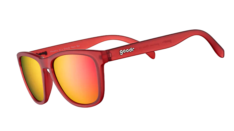 goodr PHOENIX AT A BLOODY MARY BAR Red sunglasses with yellow-tinted lenses on a white background