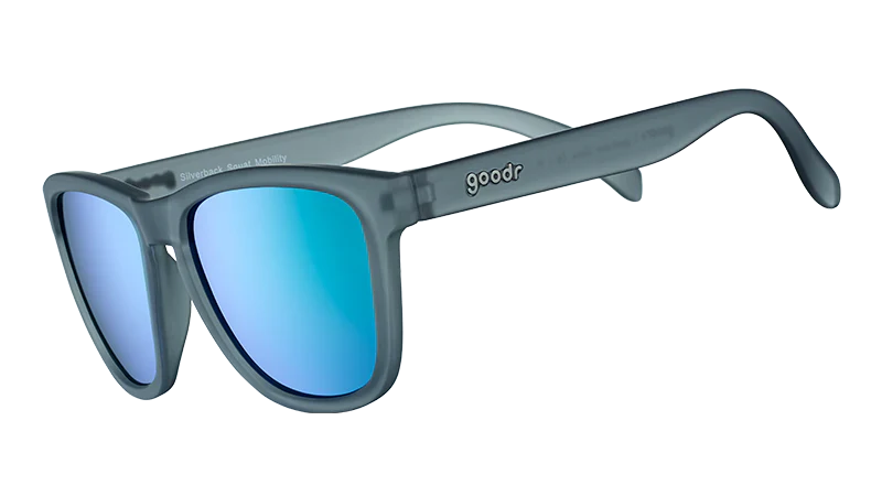 goodr SILVERBACK SQUAT MENTALITY Sunglasses with blue lenses and gray frame on a white background