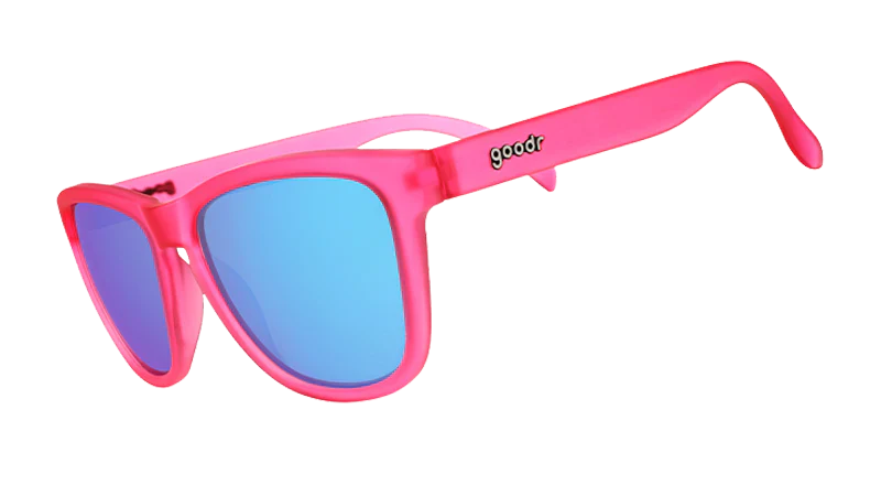 goodr Flamingos on a Booze Cruise Pink sunglasses with blue lenses on a white background
