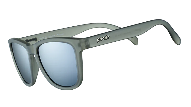 Goodr VALHALLA WITNESS gray sunglasses with blue lenses on a white background
