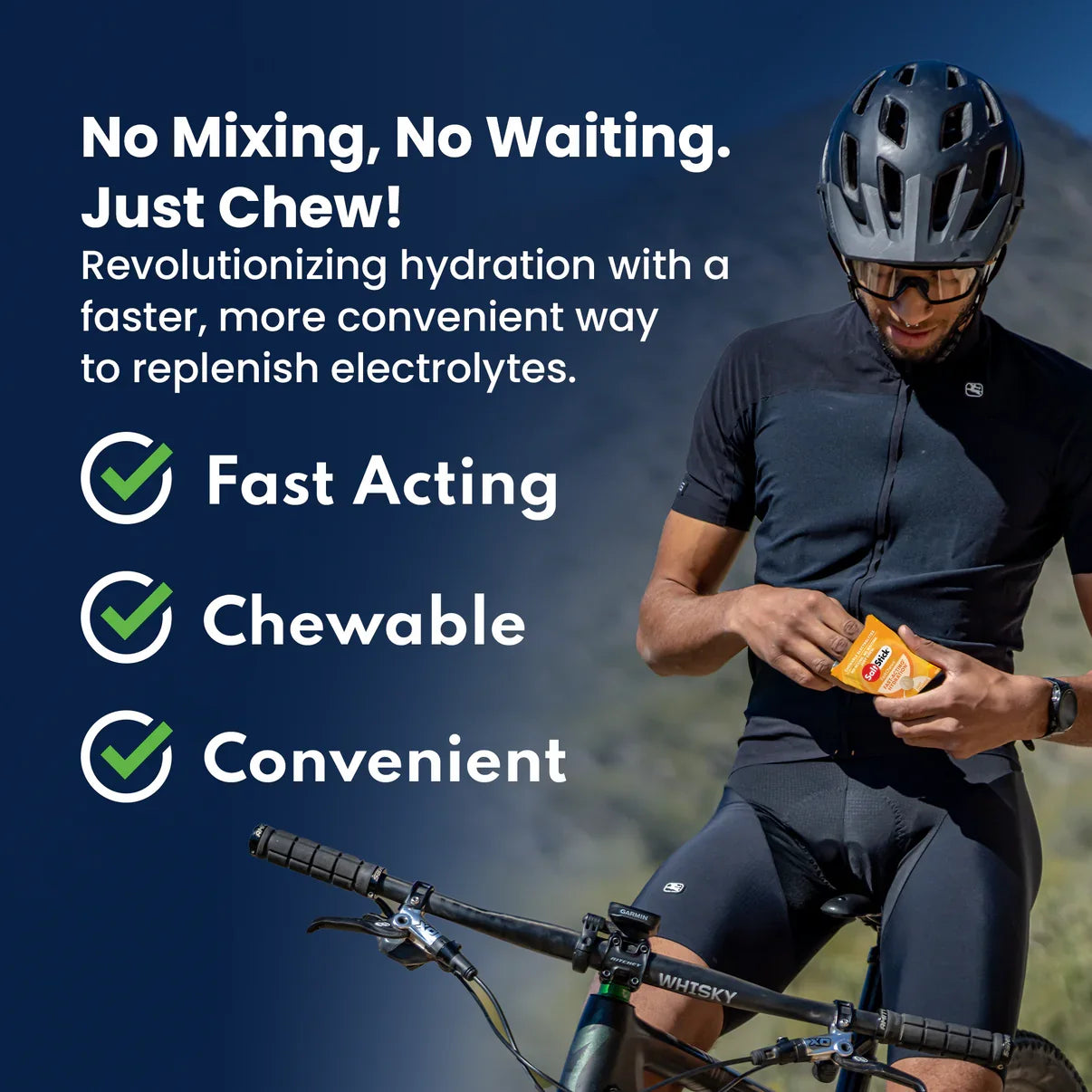 Person on a bicycle with hydration product packaging, promotional text about electrolyte replenishment. - SaltStick FastChews