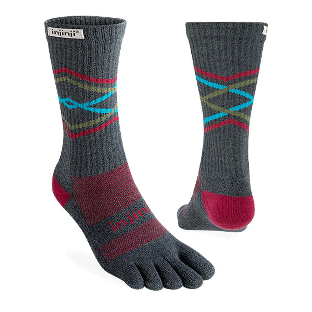 Pair of gray toe-separated socks with colorful patterns on a white background - Injinji Trail Midweight Crew Toesocks (Unisex) - Peak