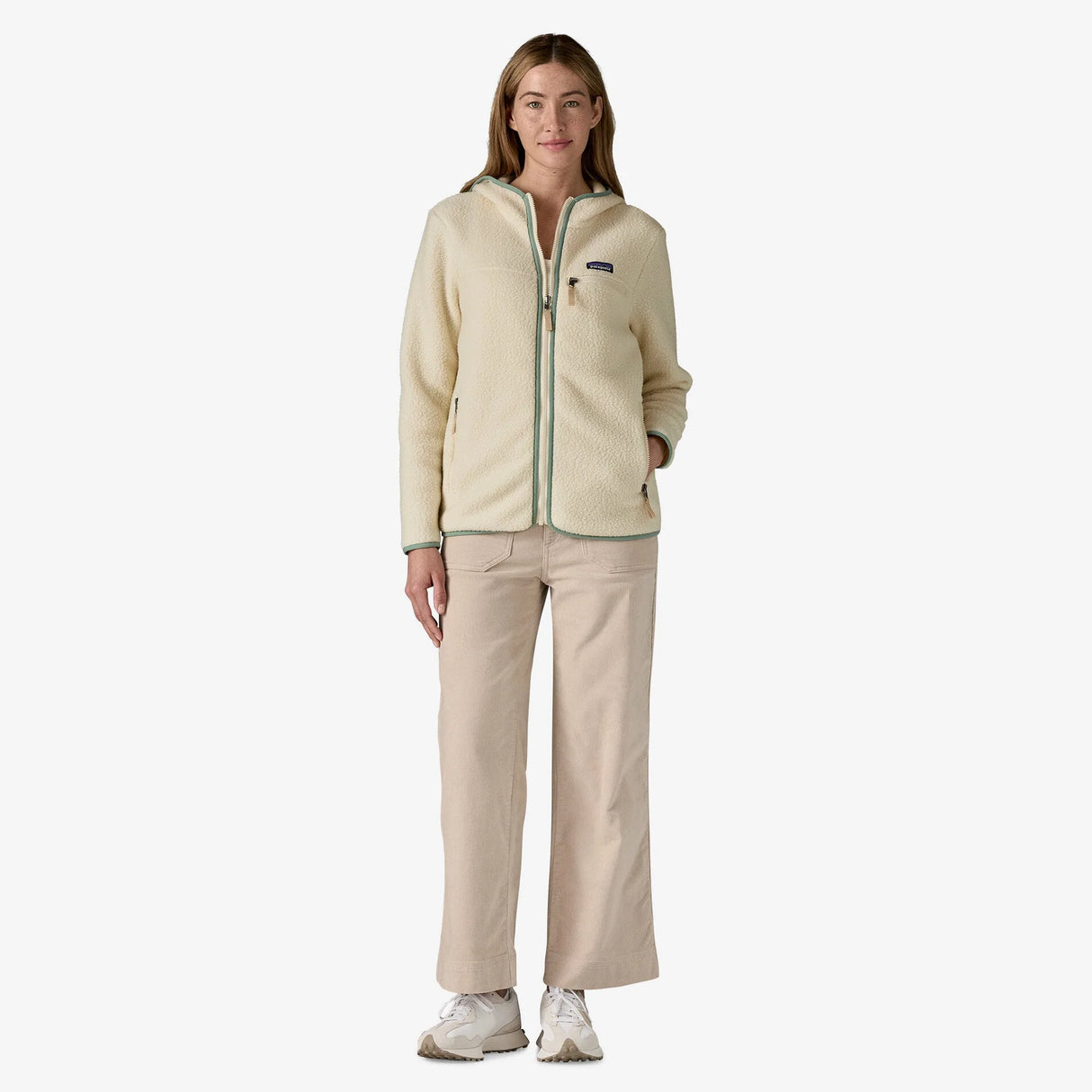 Patagonia Retro Pile Fleece Hoody (Women's) - Natural w/Ellwood Green - Beige - Cream - White