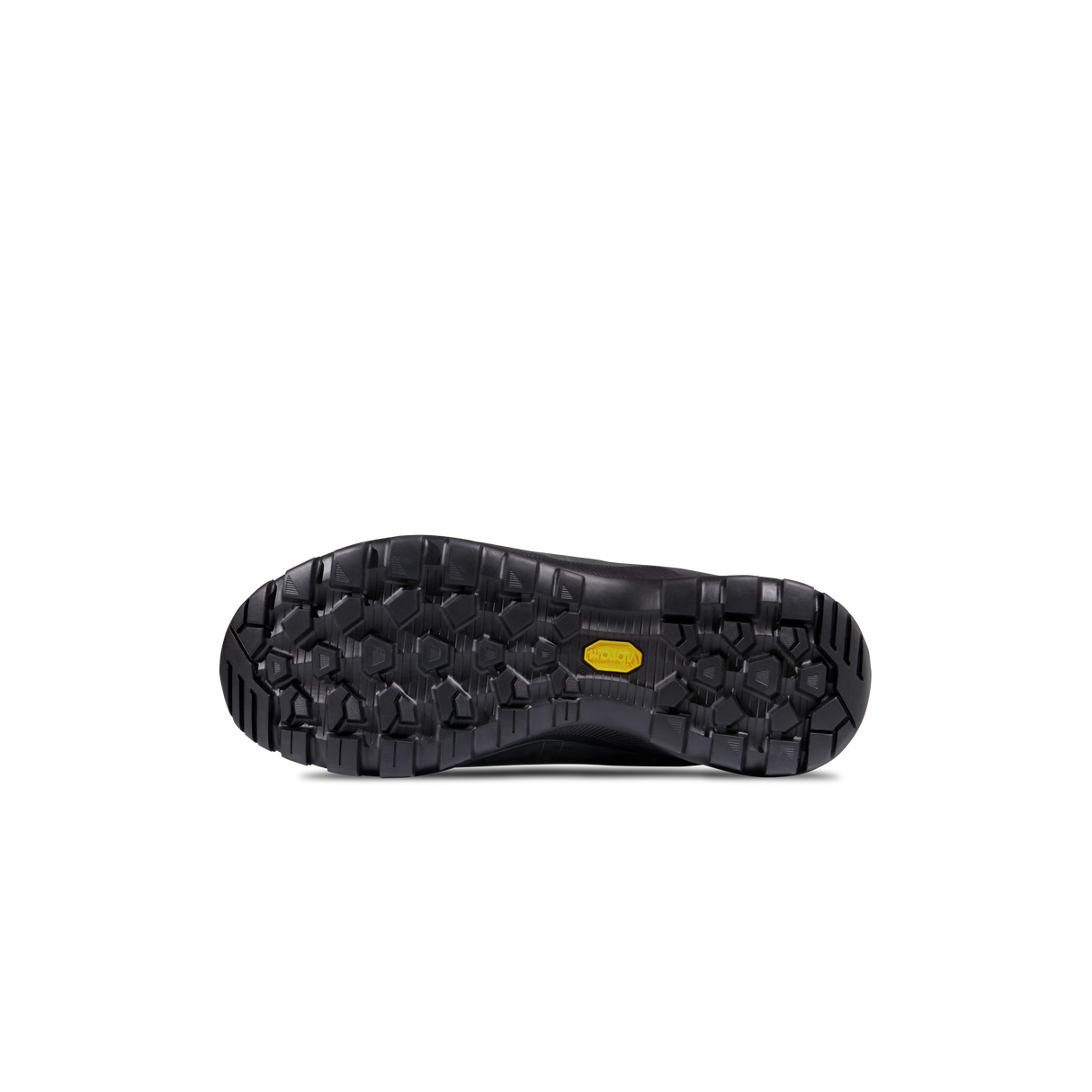 The black rubber outsole of a shoe, showing deep tread patterns and a small yellow Vibram logo on the heel, photographed against a solid white background. - Mammut Mercury Tour II High GORE-TEX (Men's) - Black/Black