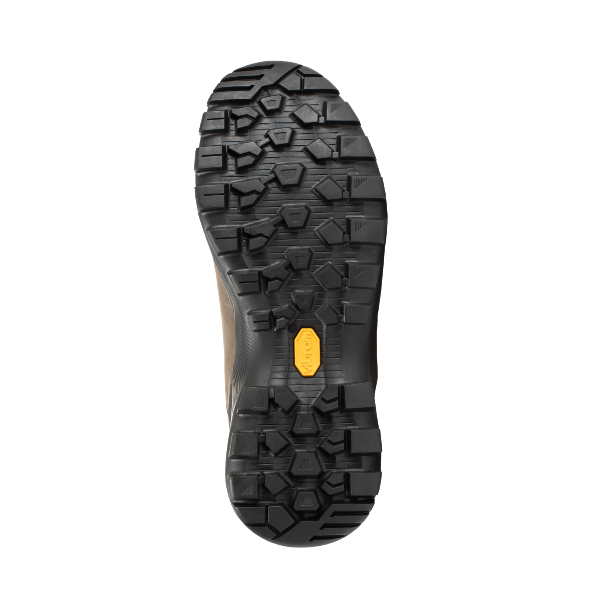 The bottom sole of a hiking boot, featuring a black Vibram tread pattern with a small yellow Vibram logo badge in the center. - Mammut Nova Tour II High GORE-TEX Boots (Women's) - Oak/Bark