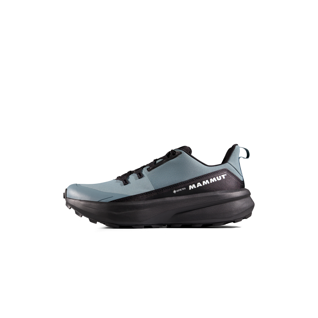 A single Mammut hiking shoe in a slate blue and black colorway, shown from a side profile on a plain white background. - Mammut Aenergy Hike Low GORE-TEX (Men's) - Strata/Black