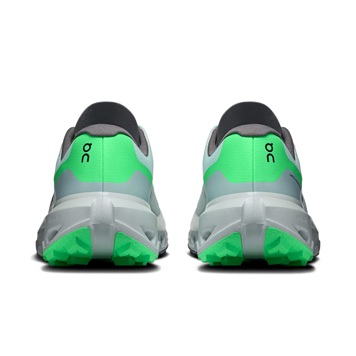 A pair of running shoes shown from the back, featuring a light gray and white upper with bright neon green heel accents and matching green outsoles, on a plain white background. - On Cloudvista 3 Shoes (Women's) - Flurry/Verdite