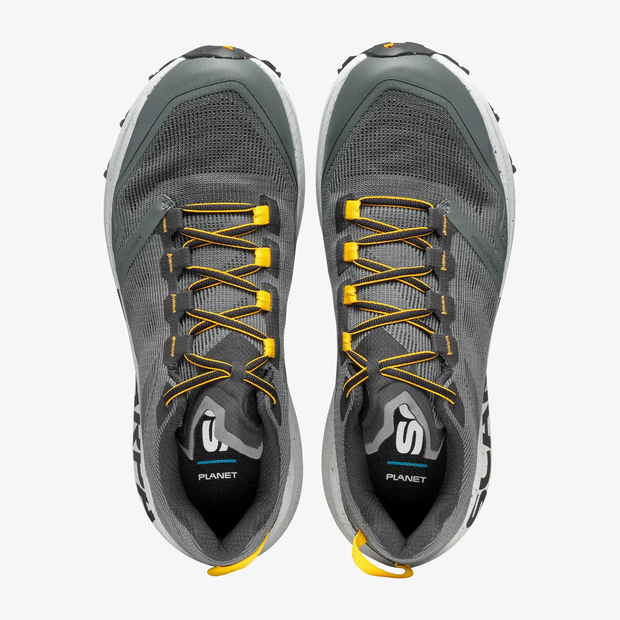 Pair of gray athletic shoes with yellow accents on a white background - SCARPA Spin Planet (Men's) - Anthracite/Saffron