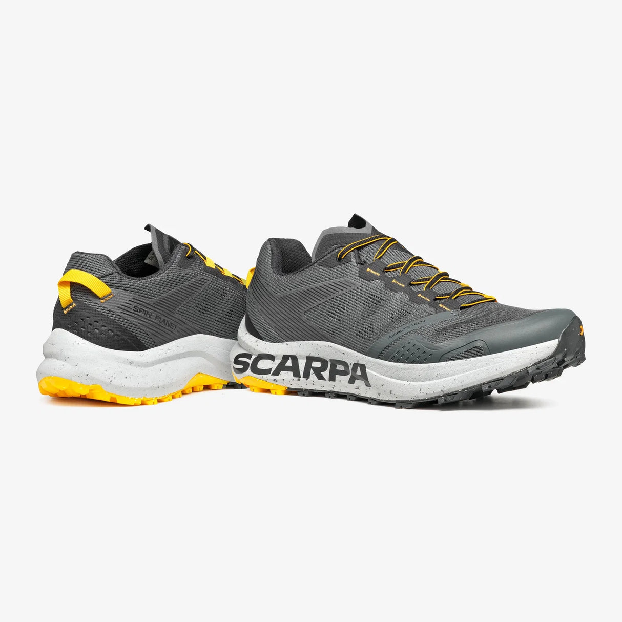 Gray and yellow running shoes with 'Scarpa' branding on a white background - SCARPA Spin Planet (Men's) - Anthracite/Saffron