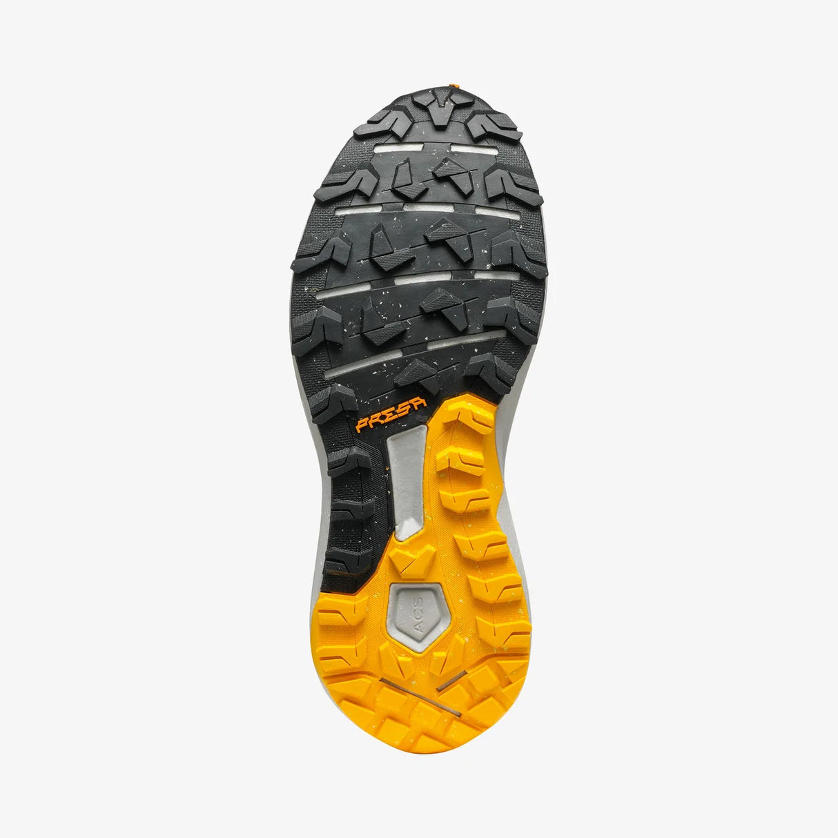 Close-up of a shoe sole with black and yellow tread pattern on a white background - SCARPA Spin Planet (Women's) - White/Saffron