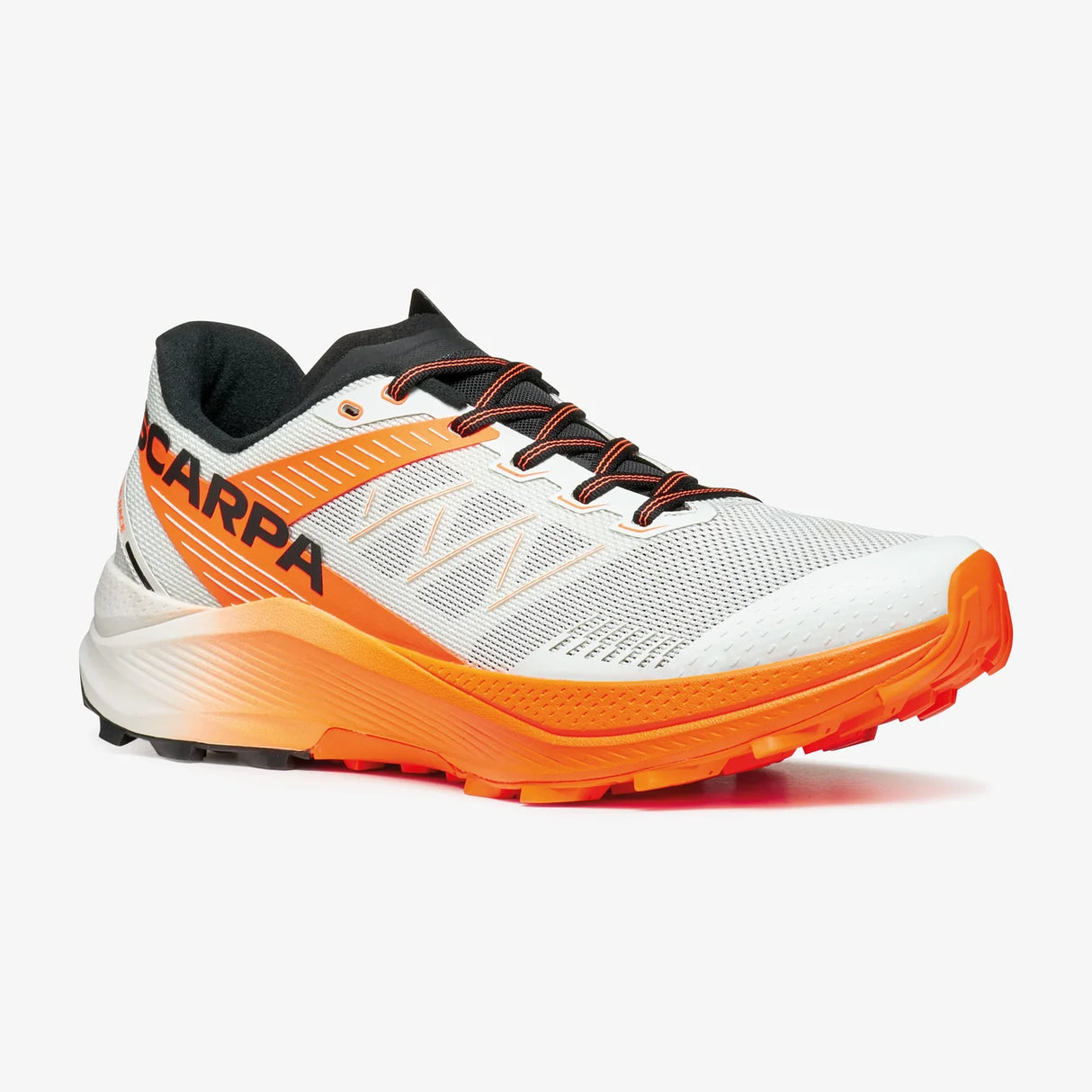 White and orange running shoe with black accents on a white background - SCARPA Spin Ultra 2 (Men's) - Ice/Orange Fluro