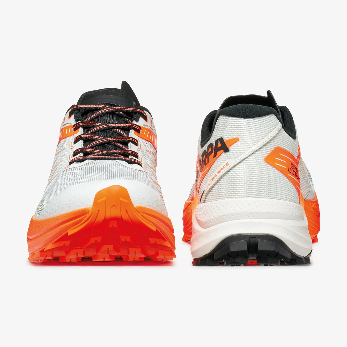 White and orange running shoes with visible brand logo on a white background - SCARPA Spin Ultra 2 (Women's) - Ice/Orange Fluro