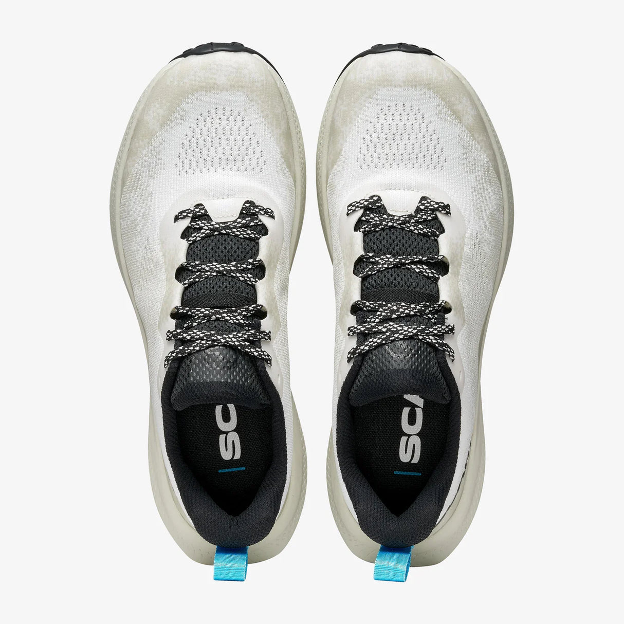 A pair of white and black running shoes shown from a top-down view on a light gray background. The shoes feature black and white laces, a black interior lining with the brand logo, and small blue pull tabs at the heel. - SCARPA Golden Gate LT (Men's) - White/Azure