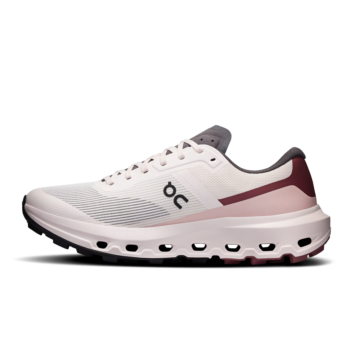 A side-profile view of an On running shoe in white, dusty rose, and gray, featuring the signature 'on' logo on the side and a thick cushioned sole. - On Cloudvista 3 Shoes (Women's) - Oyster/Barberry