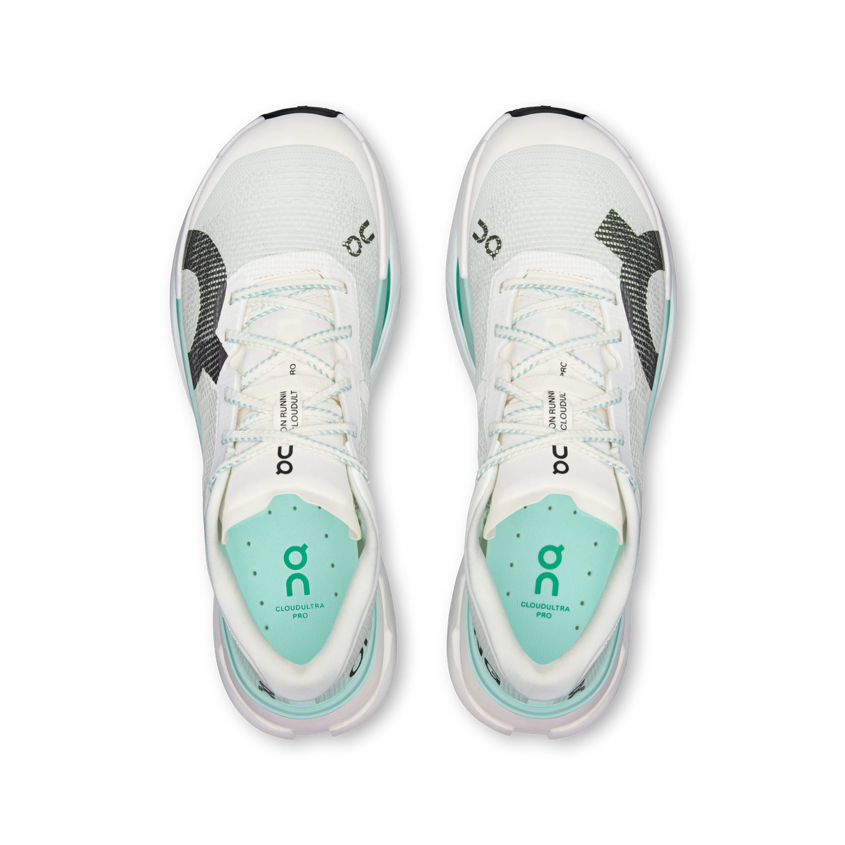A pair of On running shoes shown from a top-down view, featuring a white mesh upper with mint green accents and black logo details. - On Cloudultra Pro Shoes (Men's) - Ivory/Celeste