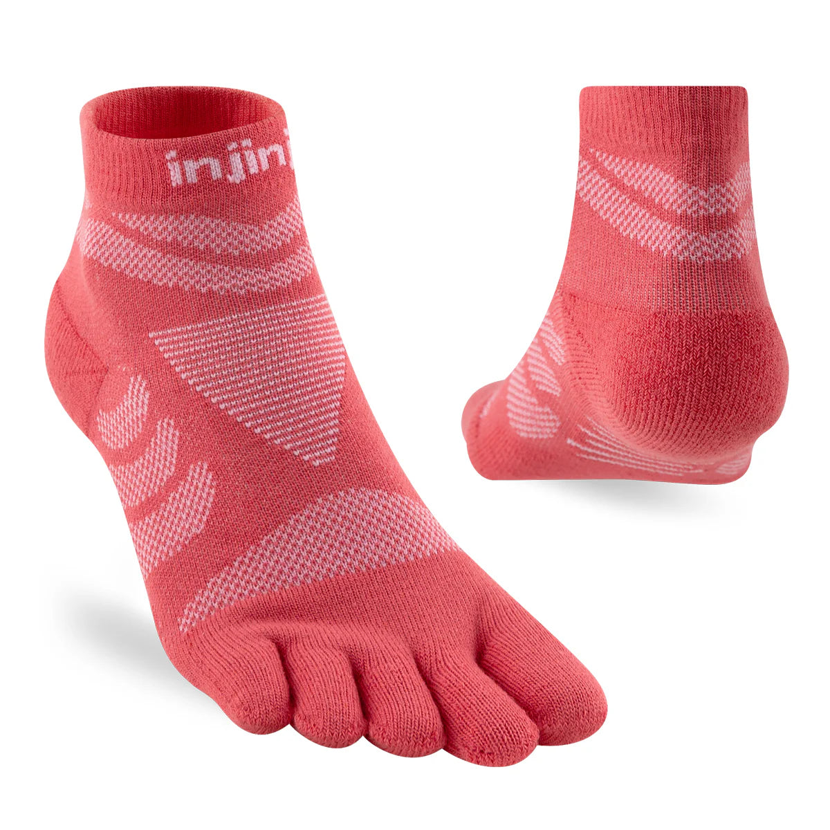 Red toe-separated socks with white accents on a white background - Injinji Ultra Run Mini Crew Toesocks (Women's) - Coral