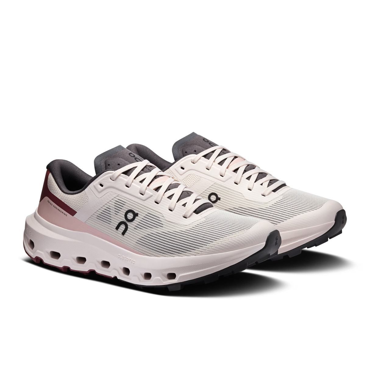 A pair of On running shoes in white and light pink with dark gray accents, displayed on a clean white background. - On Cloudvista 3 Shoes (Women's) - Oyster/Barberry