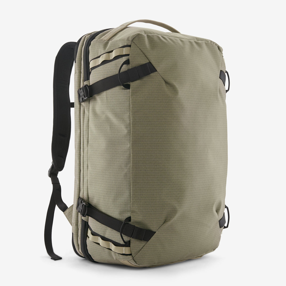 Khaki backpack with black straps on a white background - Patagonia Black Hole MLC Pack 45L - Weathered Stone