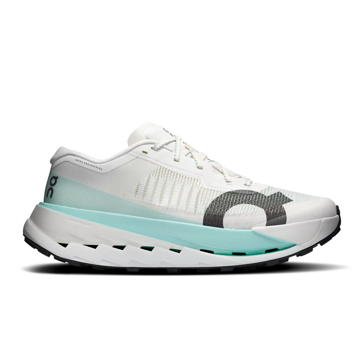 A white On running shoe with a light blue midsole accent, a dark gray textured heel overlay, and a black outsole, shown from a side profile on a white background. - On Cloudultra Pro Shoes (Men's) - Ivory/Celeste