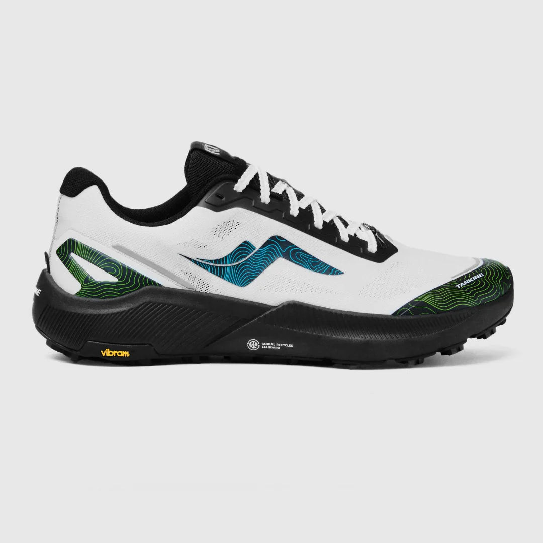 A white and black trail running shoe with green and blue topographic pattern accents, featuring a black Vibram sole, shown from a side profile on a light gray background. - Tarkine Trail Devil 3 Shoes (Men's) - Apex White