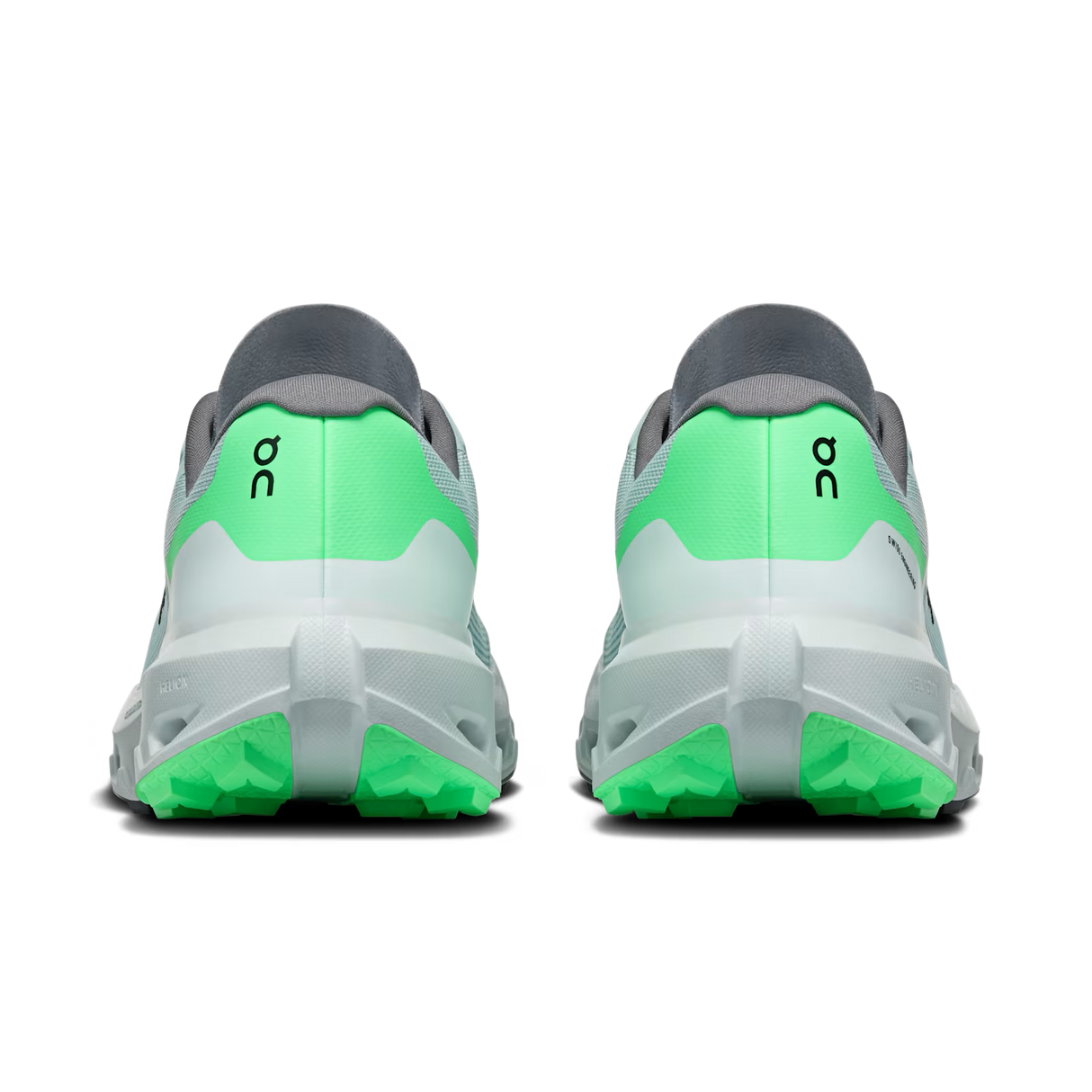A pair of running shoes shown from the back, featuring a light gray and white upper with bright neon green heel accents and matching green outsoles, on a plain white background. - On Cloudvista 3 Shoes (Men's) - Brook/Verdite