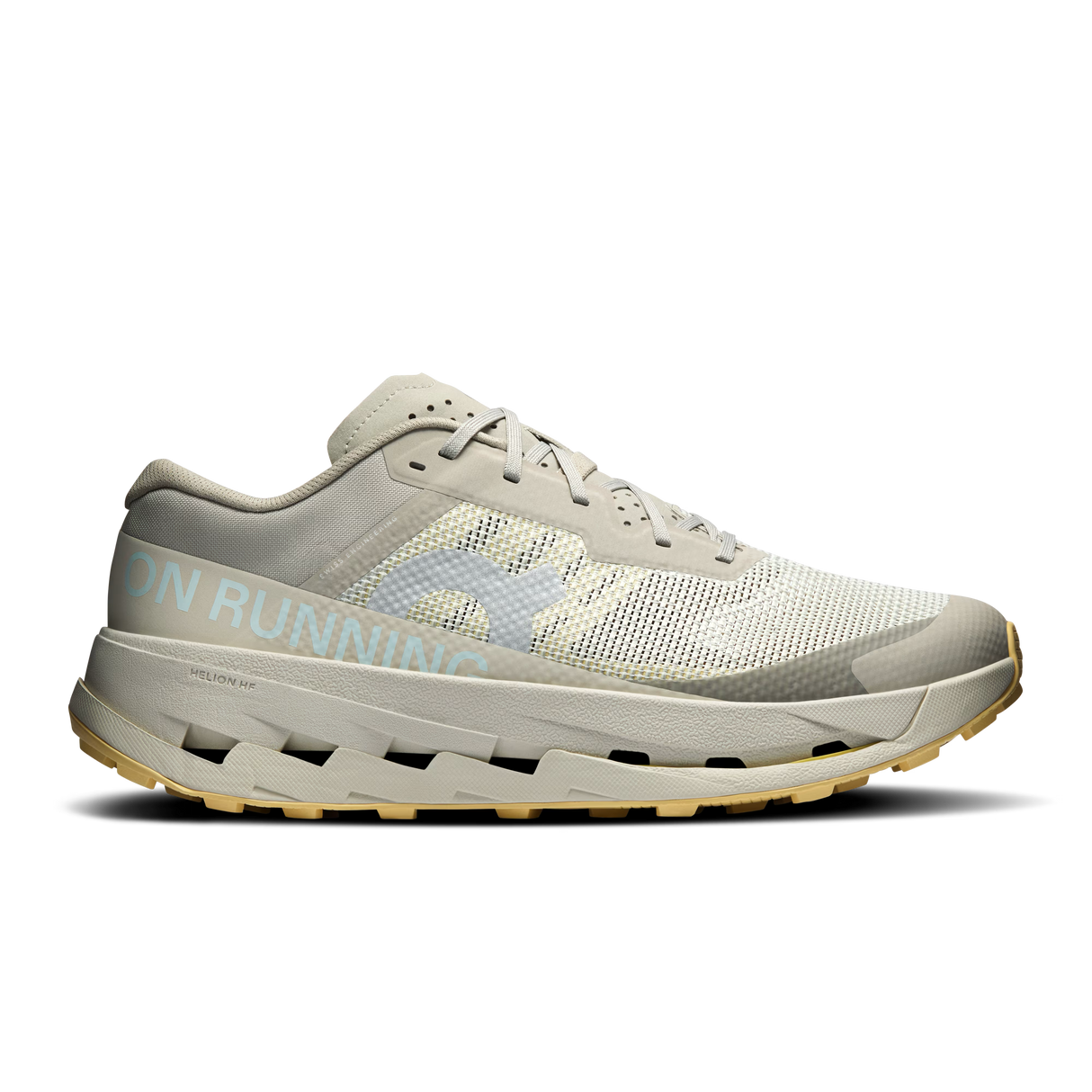 A single running shoe shown in a side profile on a clean white background. The shoe features a light gray and off-white mesh upper with a textured pattern, a thick light gray midsole, and a gum-colored outsole. - On Cloudultra 3 Shoes (Men's) - Brume/Winter
