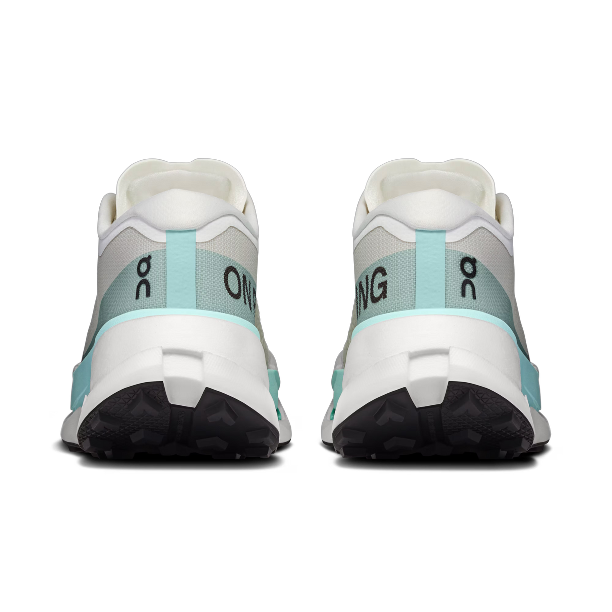 A pair of running shoes shown from the rear, featuring a white and light gray upper with mint green accents and black outsoles, on a solid white background. - On Cloudultra Pro Shoes (Women's) - Ivory/Celeste
