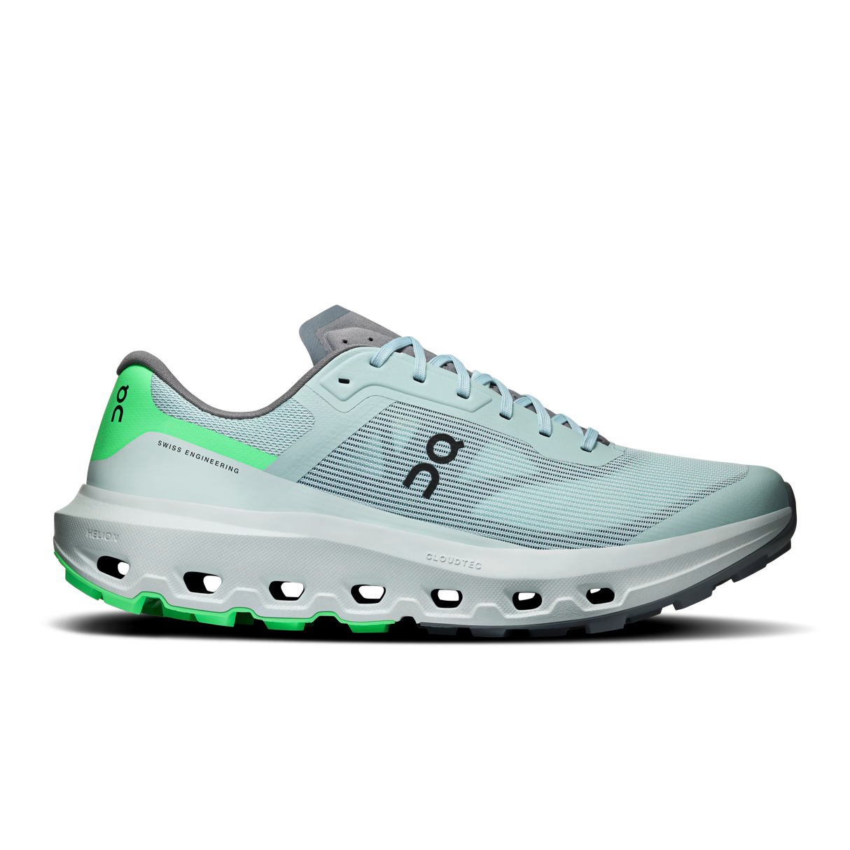 A light mint green and gray running shoe with bright neon green accents on the heel, midsole, and outsole, shown in a side profile on a white background. - On Cloudvista 3 Shoes (Men's) - Brook/Verdite