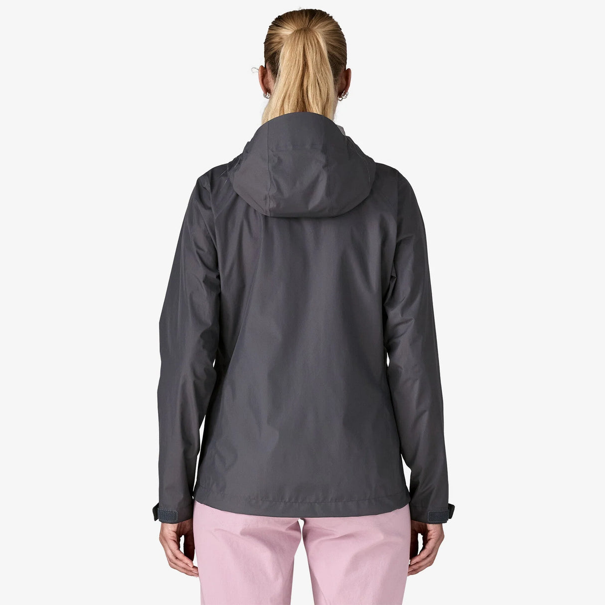 Person wearing a gray raincoat on a white background - Patagonia Torrentshell 3L Rain Jacket (Women's) - Smolder Blue