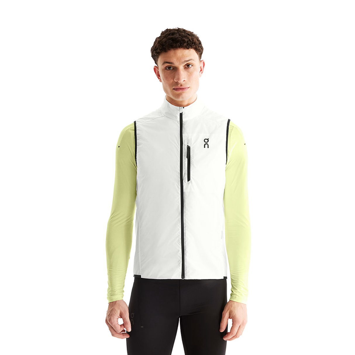 Person wearing a white and green cycling jacket on a white background - On Weather Vest (Men's) - White/Black