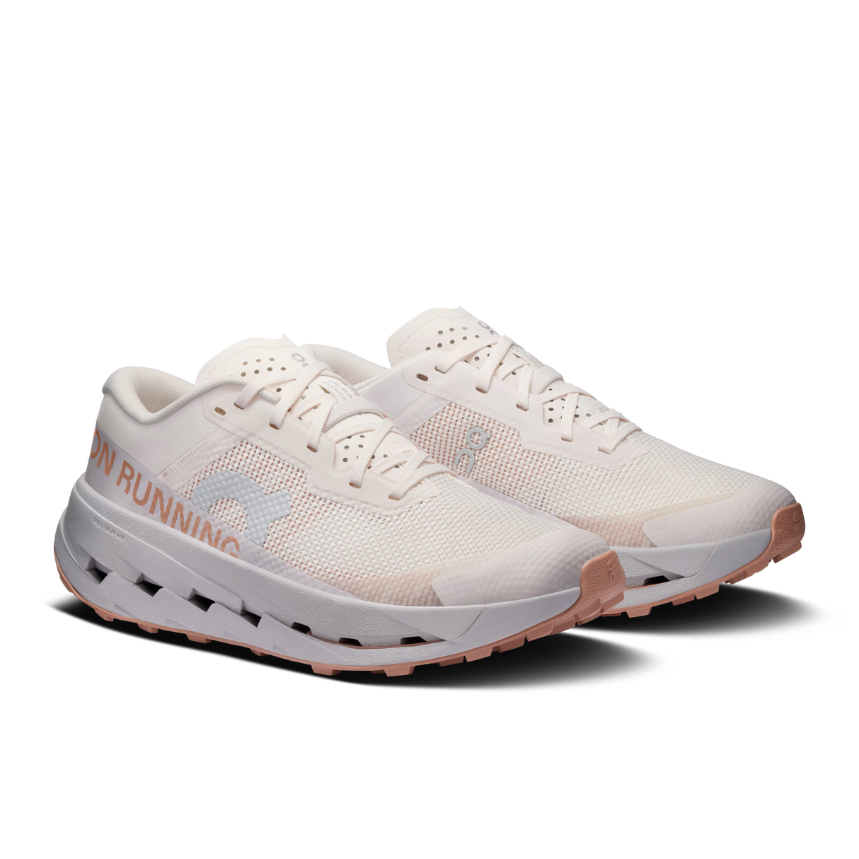 A pair of running shoes in off-white mesh with light pink accents on the outsole and side branding, shown against a solid white background. - On Cloudultra 3 Shoes (Women's) - Oyster/Ether