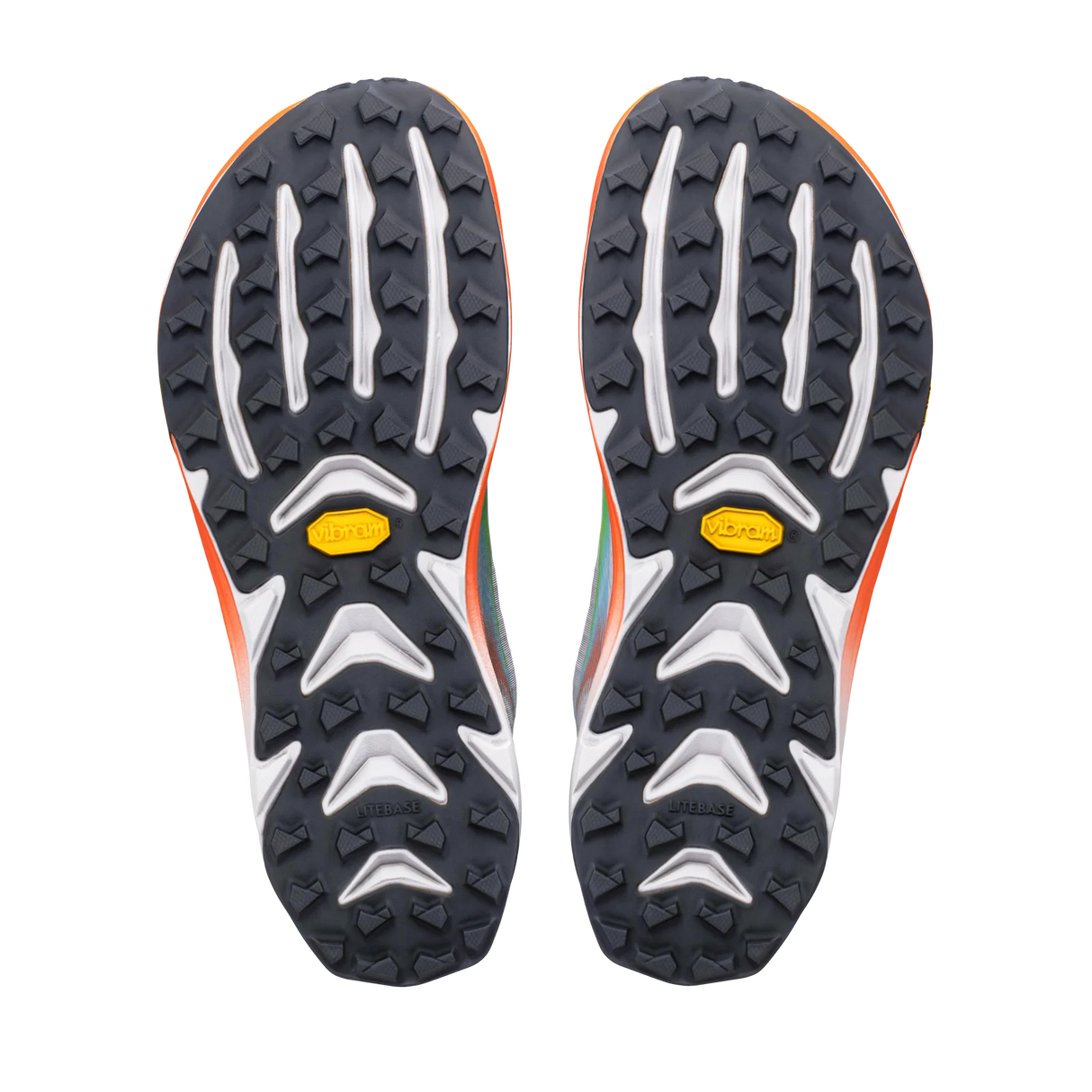 Top-down view of a pair of trail running shoes showing their black Vibram sole with white and orange accents. - Altra Mont Blanc Speed Shoes (Men's) - White/Coral/Blue