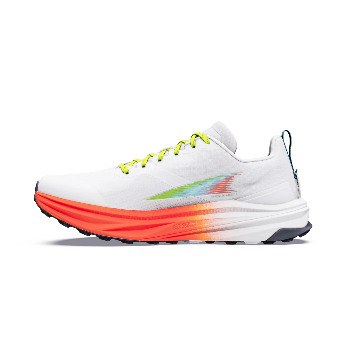 A white running shoe with a vibrant orange, yellow, and green gradient midsole and a matching gradient logo on the side, shown against a plain white background. - Altra Mont Blanc Speed Shoes (Men's) - White/Coral/Blue