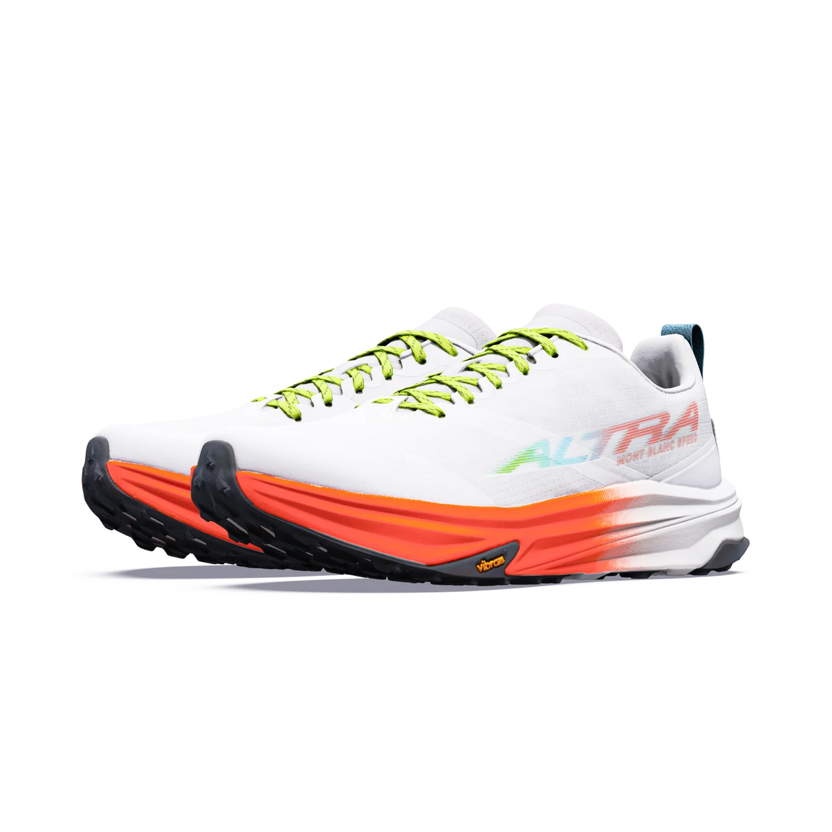 A pair of Hoka Altra Run Easy 6 trail running shoes in white, featuring vibrant neon green laces, a white and orange midsole, and black Vibram soles, shown against a plain white background. - Altra Mont Blanc Speed Shoes (Men's) - White/Coral/Blue