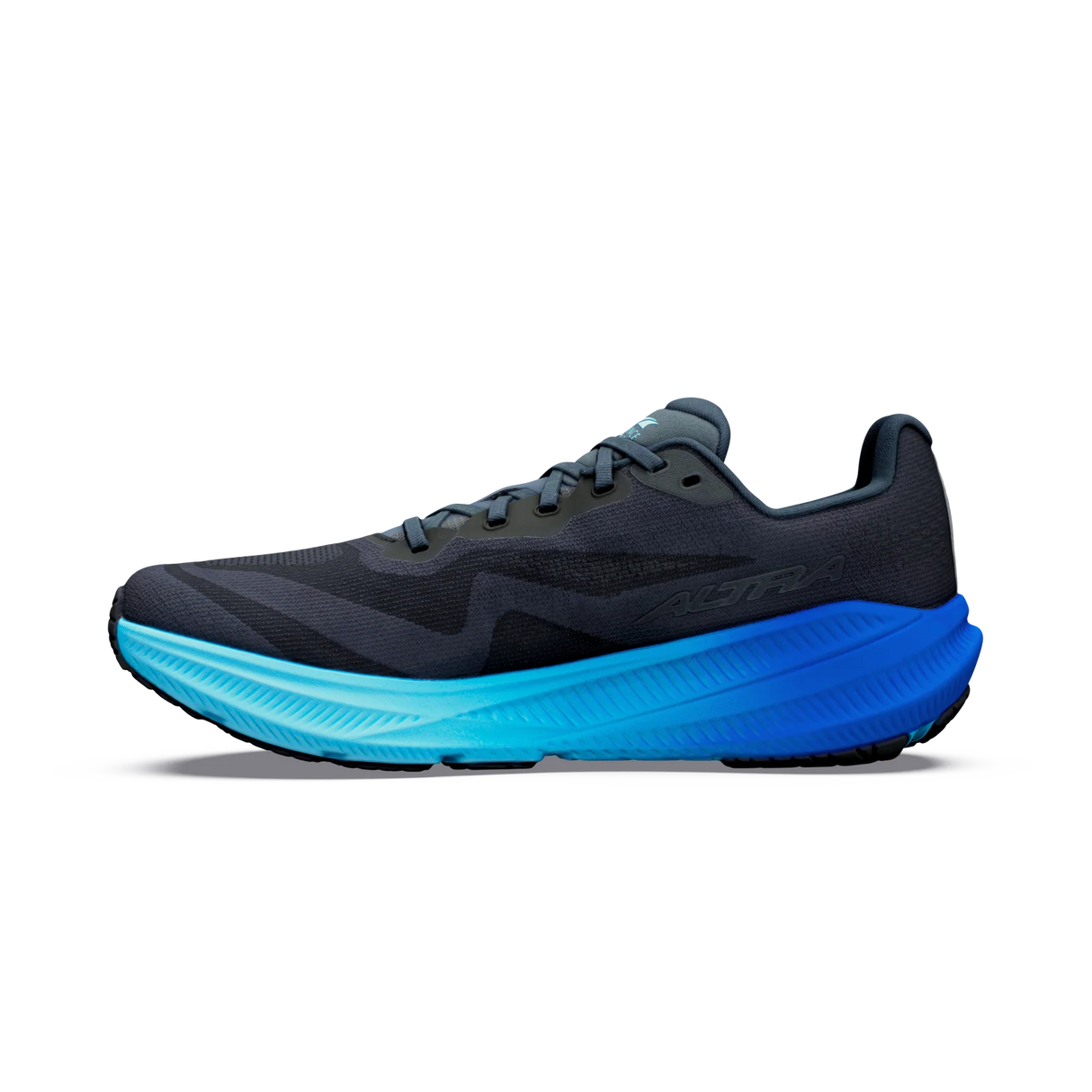 A single athletic running shoe shown in profile against a plain white background. The upper is dark charcoal gray, while the midsole and outsole feature a vibrant gradient transitioning from light blue to bright blue. - Altra Experience Flow 3 Shoes (Men's) - Black/Black/Bluefish