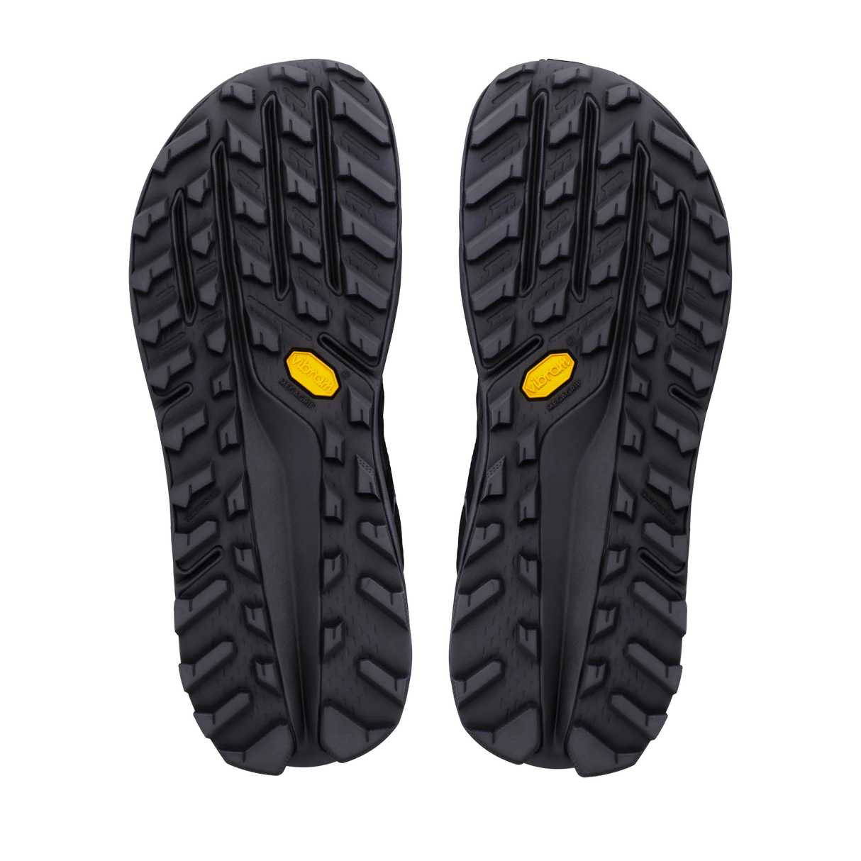 A pair of black Vibram outdoor sandals shown from the sole view, featuring deep lugs and a small yellow Vibram logo on each side, set against a plain white background. - Altra Olympus 7 Shoes (Men's) - Black/Dark Shadow/Black