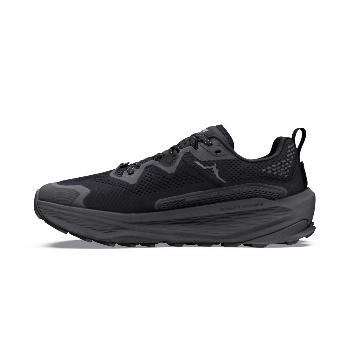 A black athletic sneaker with a chunky, layered sole and a small gray logo on the side, shown in profile against a plain white background. - Altra Olympus 7 Shoes (Men's) - Black/Dark Shadow/Black