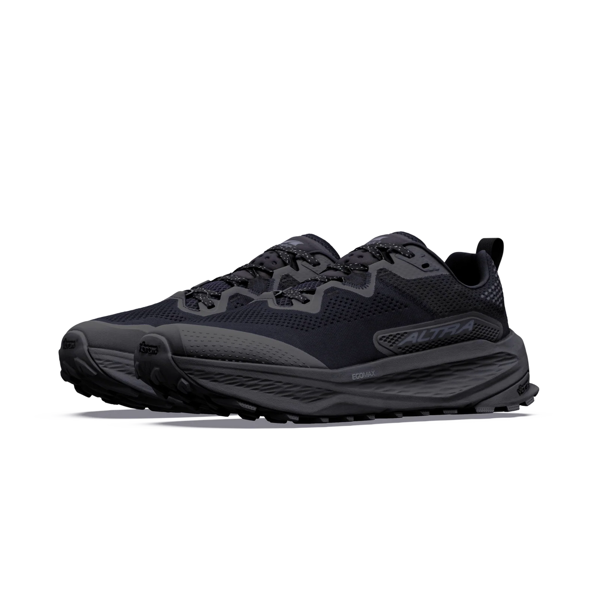 A pair of black and dark gray trail running shoes with a rugged sole, shown from a side profile view on a white background. - Altra Olympus 7 Shoes (Men's) - Black/Dark Shadow/Black