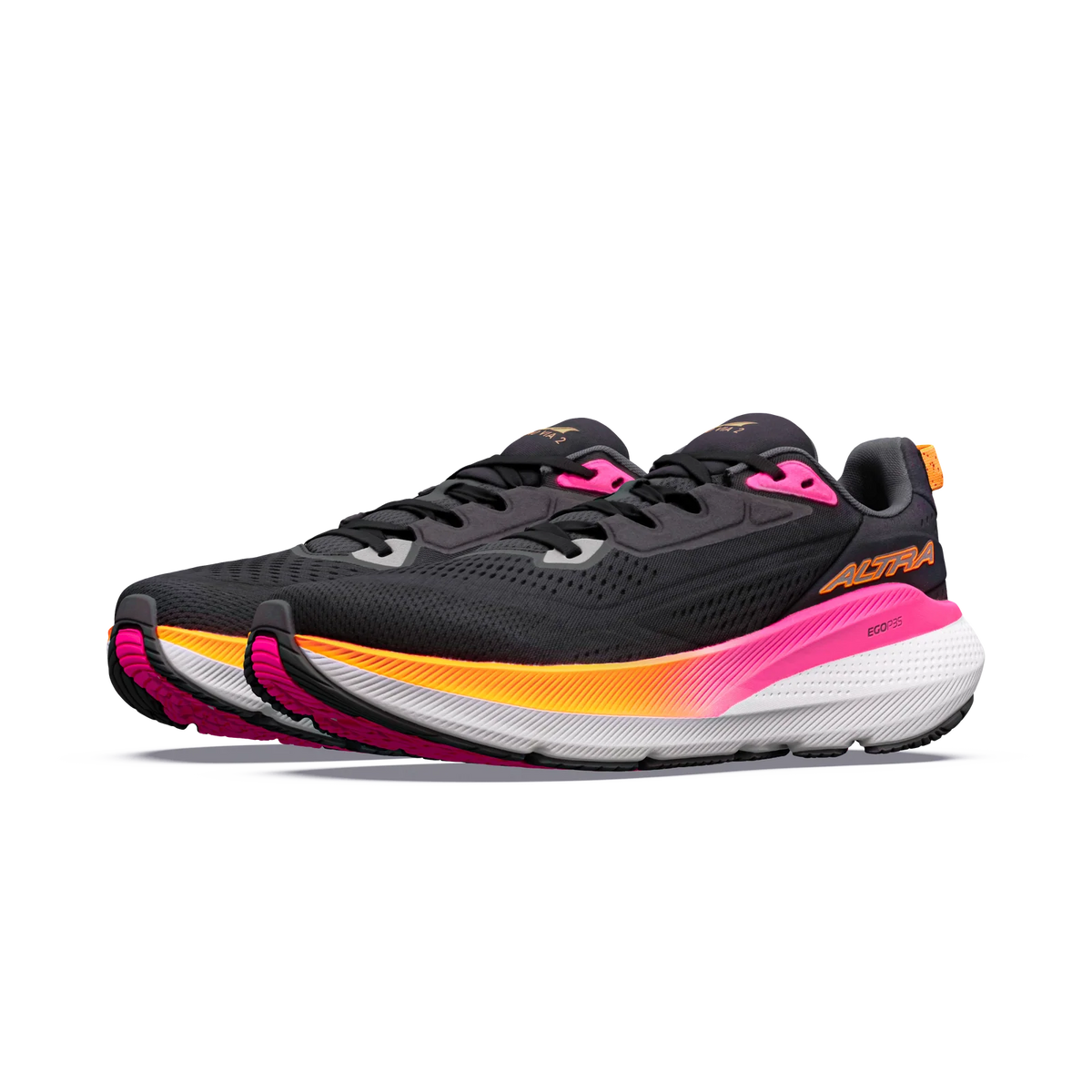 A pair of running shoes on a plain white background. The shoes are primarily black with a thick white midsole featuring a vibrant orange-to-pink gradient, and bright pink accents on the collar and heel. - Altra FWD Via 2 Shoes (Women's) - Black/Silver/Pink
