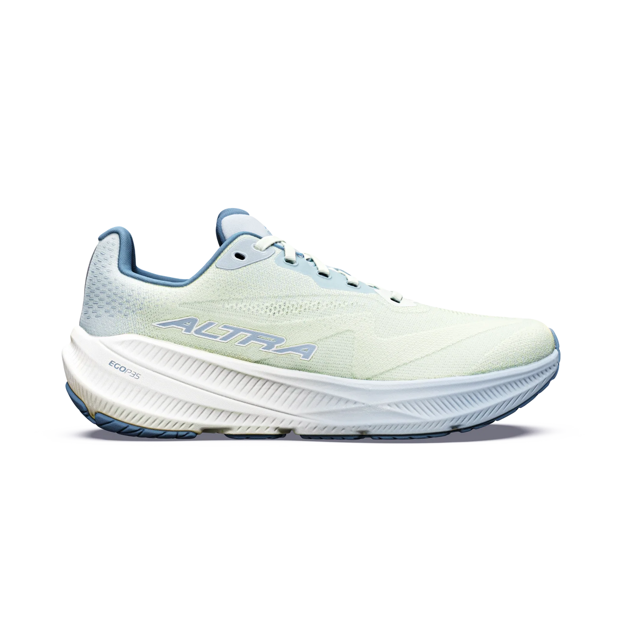 A light mint green and white running shoe with light blue accents, featuring the brand name 'ALTRA' on the side, shown against a plain white background. - Altra Experience Flow 3 Shoes (Women's) - Ice/Niagra Mist