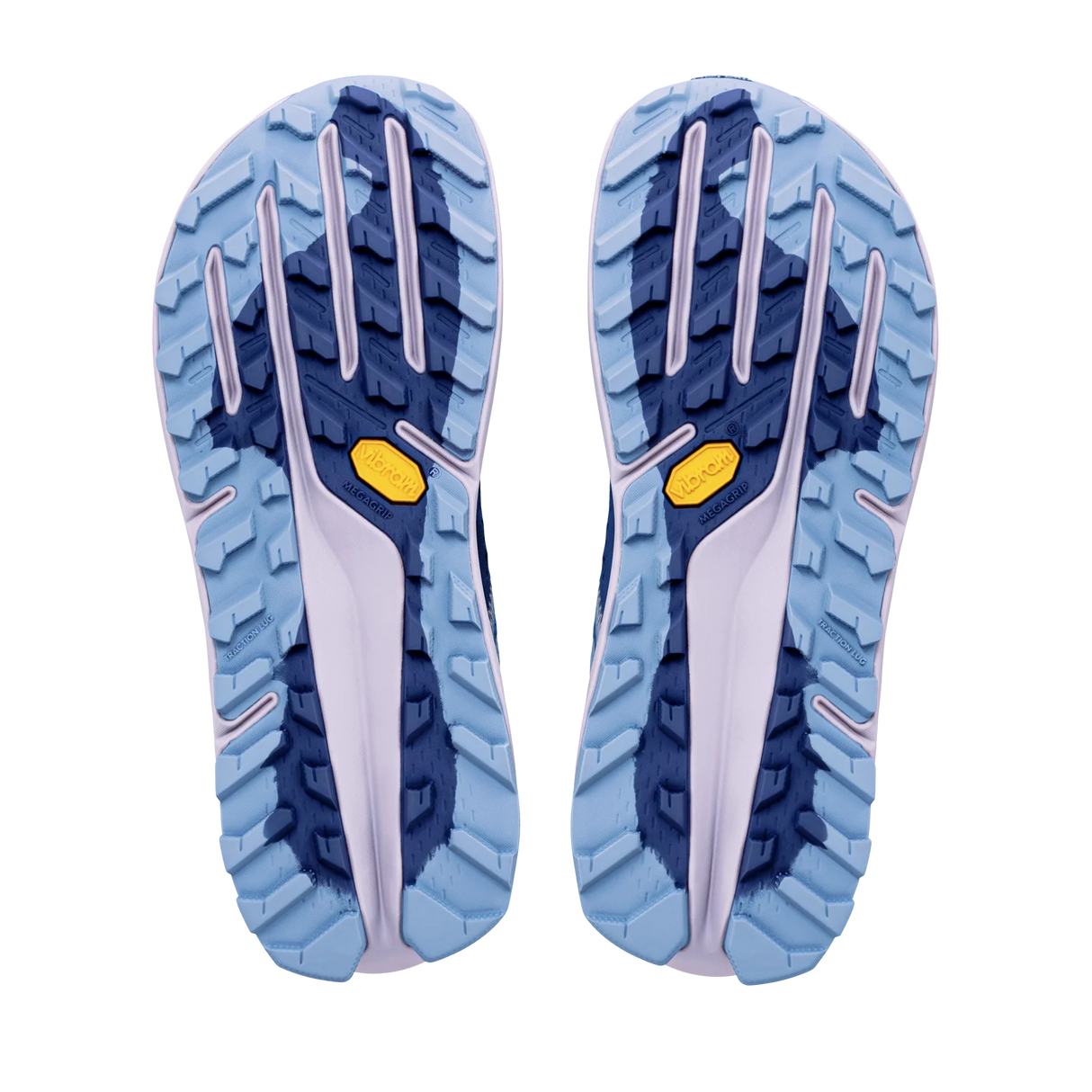 The outsoles of a pair of trail running shoes, showing a light blue and navy tread pattern with a small yellow Vibram logo on each side, isolated on a white background. - Altra Olympus 7 Shoes (Women's) - Rain Washed/Oceana